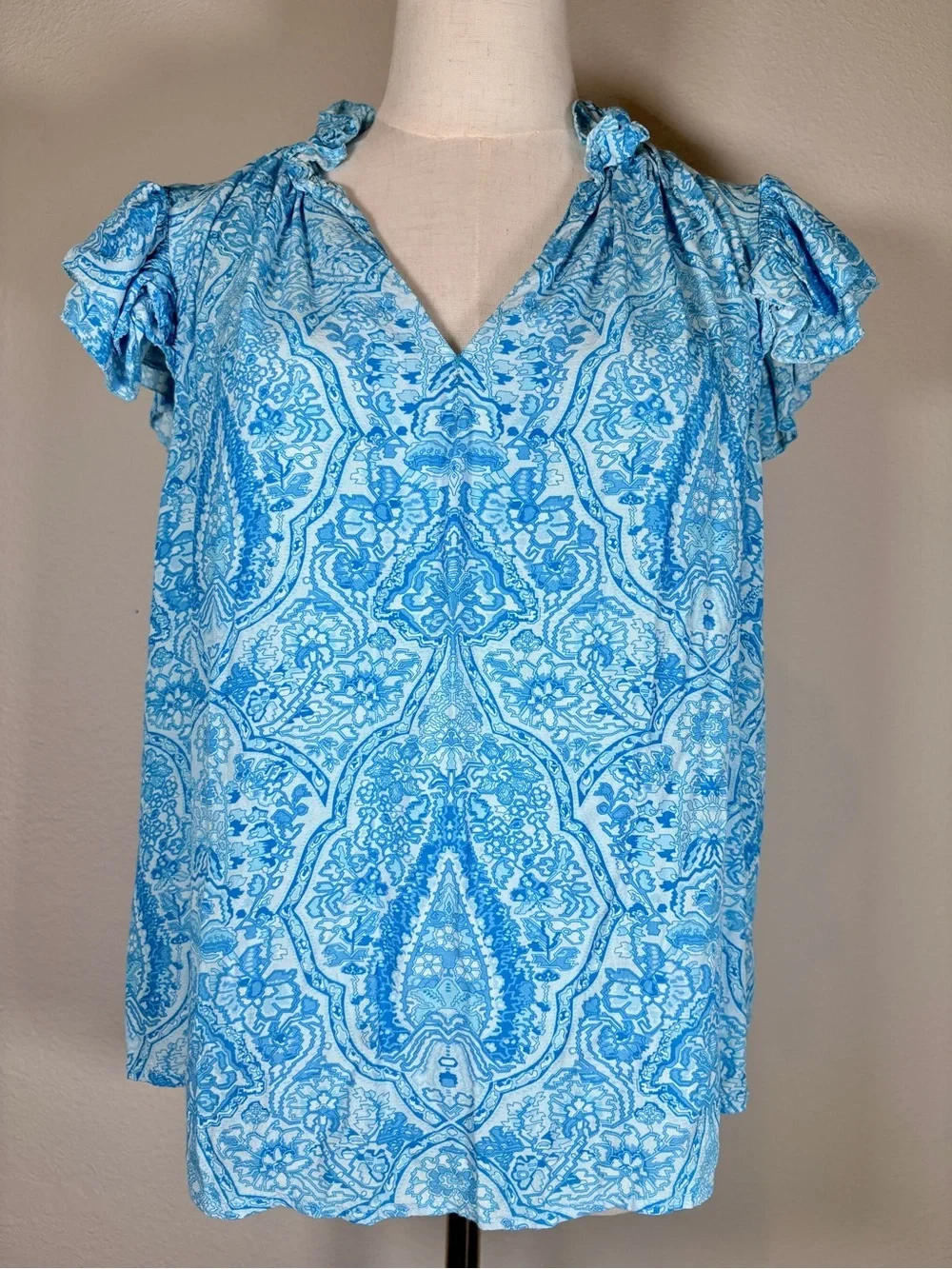 NicoBlu Chloe Flutter Sleeve Top in Turquoise Paisley Size Small